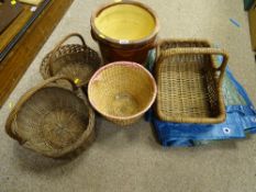 Pottery crock pot and a quantity of wicker baskets