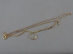 Two unmarked and untested yellow metal chains and a ring, 7 grms gross