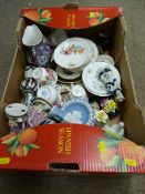 Box of assorted porcelain including lustre jug, Wedgwood Jasperware etc