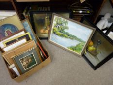 Box of paintings and prints including antique still life etc