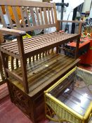 Teak garden bench and stylish garden table with a wicker glass topped conservatory table