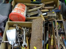Cantilever toolbox and contents, box of garage and garden hand tools and a wooden box of spanners