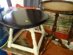 Vintage oak and painted circular topped side table and a reproduction wine table