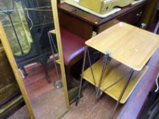 Wooden framed dressing mirror, chrome framed metamorphic trolley and modern piano stool (a parcel)