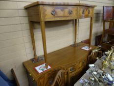 Reproduction Sheraton style dining room suite of string inlaid serpentine sideboard and two drawer