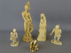 Four late 19th/early 20th Century carved ivory figurines depicting various figures from Japanese