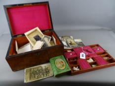 Victorian sewing box and contents including an enamel bird brooch, a vintage pocket watch key,