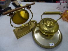 Brass gong, four footed brass kettle and an electroplate tray