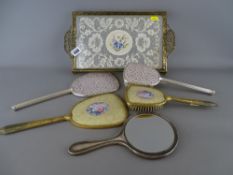 Embroidered and filigree dressing table tray, a hallmarked silver and tortoiseshell hand mirror with