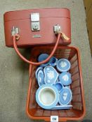 Vintage vanity case, a basket of Wedgwood Jasperware and an Art Deco style wall mirror