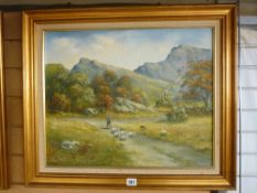 GWYNETH THOMAS oil on canvas - farmer and sheepdog droving sheep in a Snowdonia hillside, signed