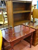 Mahogany effect table, a polished three shelf bookcase on barley twist supports and a long handled