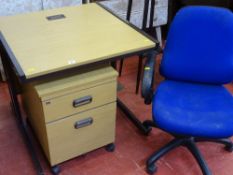 Small office desk, a two drawer filing cabinet and a blue upholstered office chair