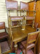 Good sized oak draw leaf dining table on substantial bulbous supports with cross stretcher and a set