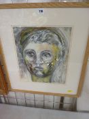 Mixed media on paper - face portrait from the Mabinogion, indistinctly signed, 35 x 30 cms