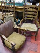 Oak rush seated spindleback armchair, a ladderback example, a smaller oak chair with rexine back and