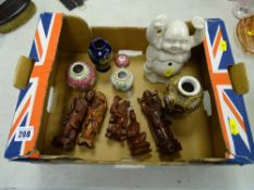 Box of Oriental porcelain and carved wooden figures