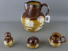 Royal Doulton stoneware jug with hallmarked silver collar and a similarly styled three piece cruet