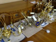 Two gilt brass ceiling chandeliers and one other with a quantity of brass effect wall lights and a