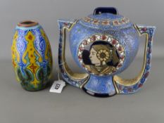 Amphora ware twin handled jar and cover and Marken, Holland slip decorated vase (cracked)