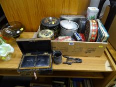 Jewellery box, box of advertising tins, small quantity of pewter etc