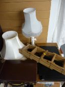 Leonardo type table lamp and shade, a small vintage briefcase and miscellaneous items