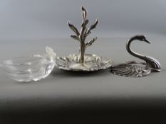 Silver ring tree, the tree base decorated with winged cherub heads and a Continental white metal and