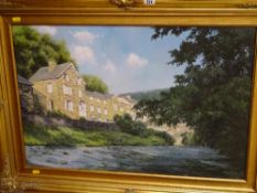 TONY WOODING gilt framed oil on canvas - 20th Century North Wales scene of stone build houses and