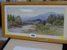 Unsigned watercolour - classical scene of mountains and riverscape, 15 x 33 cms