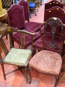 Parcel of four velvet upholstered dining chairs, an inlaid floral upholstered corner chair with