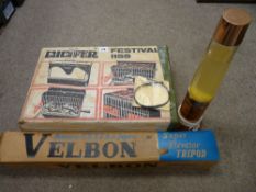 Boxed Super Velbon tripod stand, a boxed garden grill and a vintage lava lamp