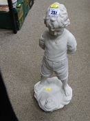 Plaster standing garden figurine of young boy and frog
