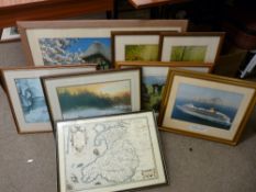 Parcel of prints, maps, framed jigsaw