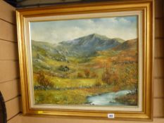 GWYNETH THOMAS oil on canvas - derelict stone building in Snowdonia under a dramatic sky, signed, 44