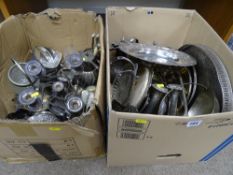 Two boxes containing large quantity of electroplate including galleried tray, tureens, wine coasters