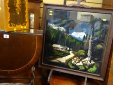 Small inlaid drop leaf lyre ended occasional table, Italian music box and a firescreen with alpine