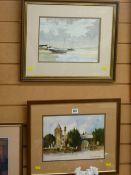 GEORGE THOMPSON watercolours, two - village church and moored boats, 22 x 30 cms and 20 x 29 cms