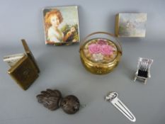 Vintage brass stamp case registered August 7, 1874, a painted top stamp box, a possibly Italian