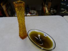Stylish amber glass bowl and a bark type vase in the style of Whitefriars