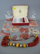 Collection of coral and similar necklaces and a vintage box containing a quantity of hat pins of