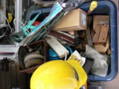 Tub containing good quantity of garage accessories including hard hats, silicone guns etc