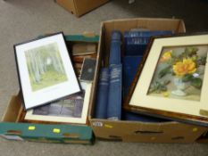 Three Beaton prints, box of vintage encyclopaedia and a box of picture frames