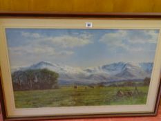 PHILLIP STANTON print - snow covered mountains with farm and cattle to the foreground, 43 x 75 cms