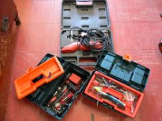 Two good plastic toolboxes with handy contents and a cased power tool E/T