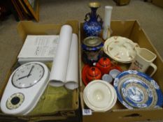 Two boxes of household items and mixed porcelain including Whyte & Mackay jug etc