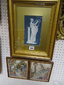 Framed Wedgwood plaque of a harp playing maiden and a pair of framed silks