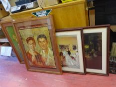 Pair of good Greek figure furnishing prints and a pair of Victorian scene prints