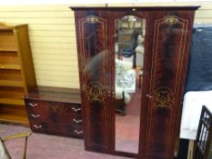 High gloss rosewood effect modern bedroom suite comprising triple wardrobe and chest of three long