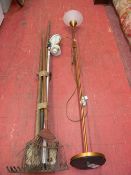 Bundle of long handled garden tools and a modern standard lamp E/T