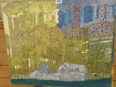 ALAN THOMPSON (Llandudno) mixed media on canvas - abstract scene, 50 x 60 cms